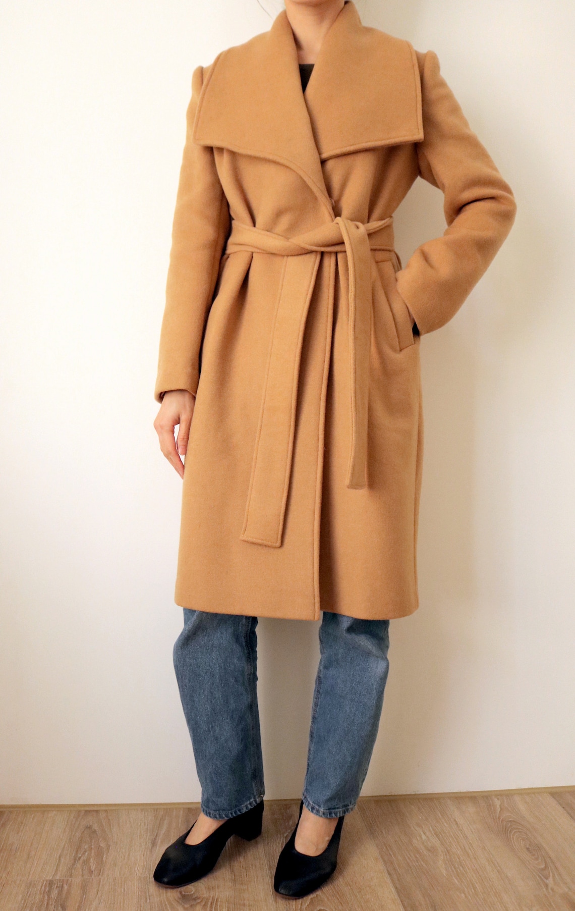 Camel belted oversized lapel wool coat made with double-face | Etsy