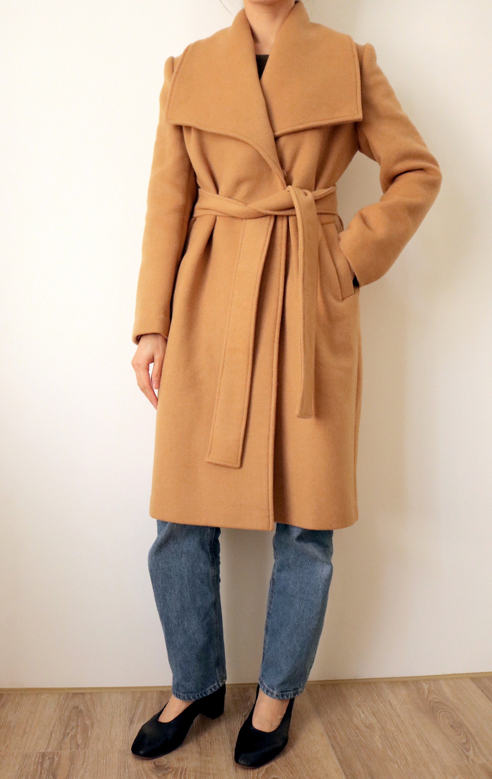 Camel belted oversized lapel wool coat made with double-face | Etsy
