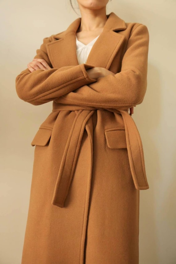 camel belted coat wool