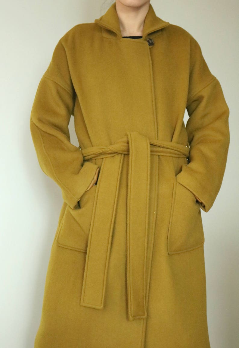 Theory Coat Mustard Green Open Front Wool Cashmere Belted Etsy