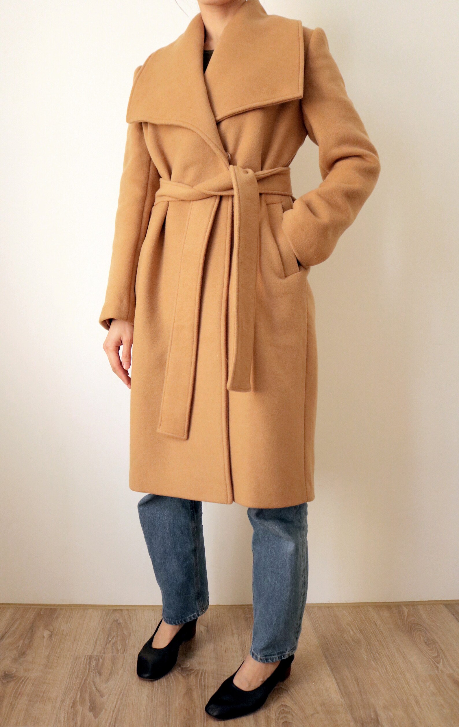 Camel belted oversized lapel wool coat made with double-face | Etsy