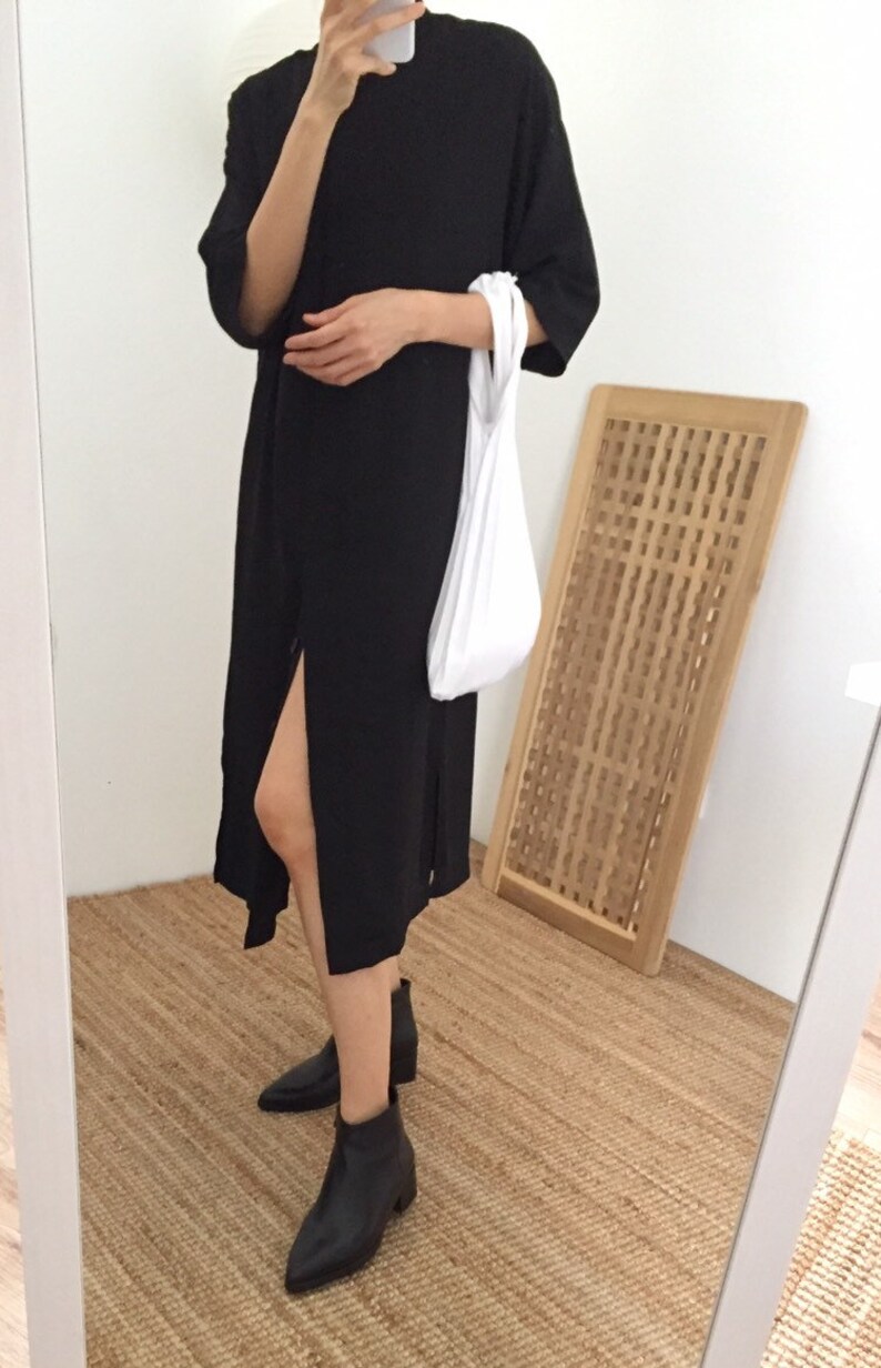 black minimalist shirt dress with mandarin collar W Dress