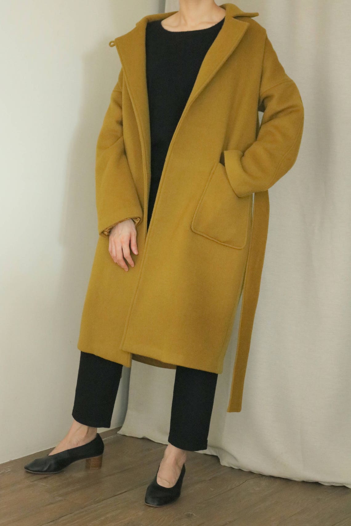 Theory Coat Mustard Green Open Front Wool Cashmere Belted Etsy