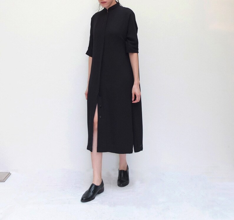 black minimalist shirt dress with mandarin collar W Dress