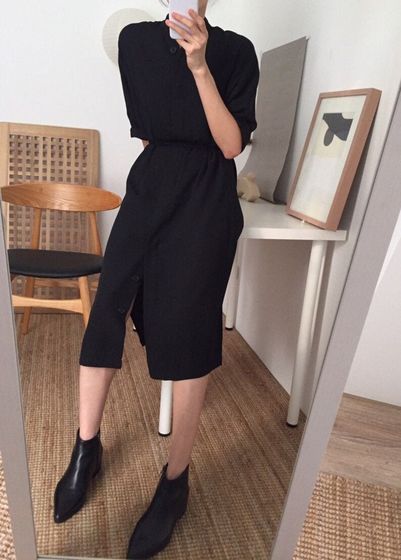 black minimalist shirt dress with mandarin collar W Dress
