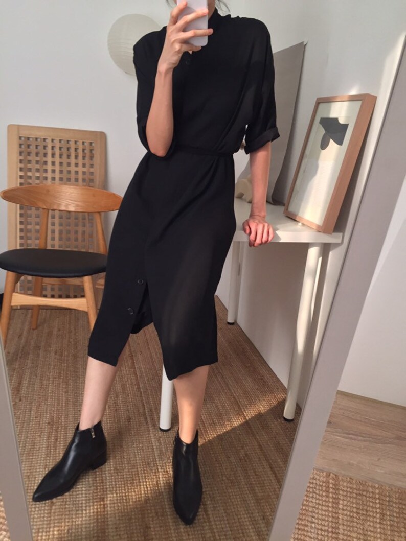 black minimalist shirt dress with mandarin collar W Dress