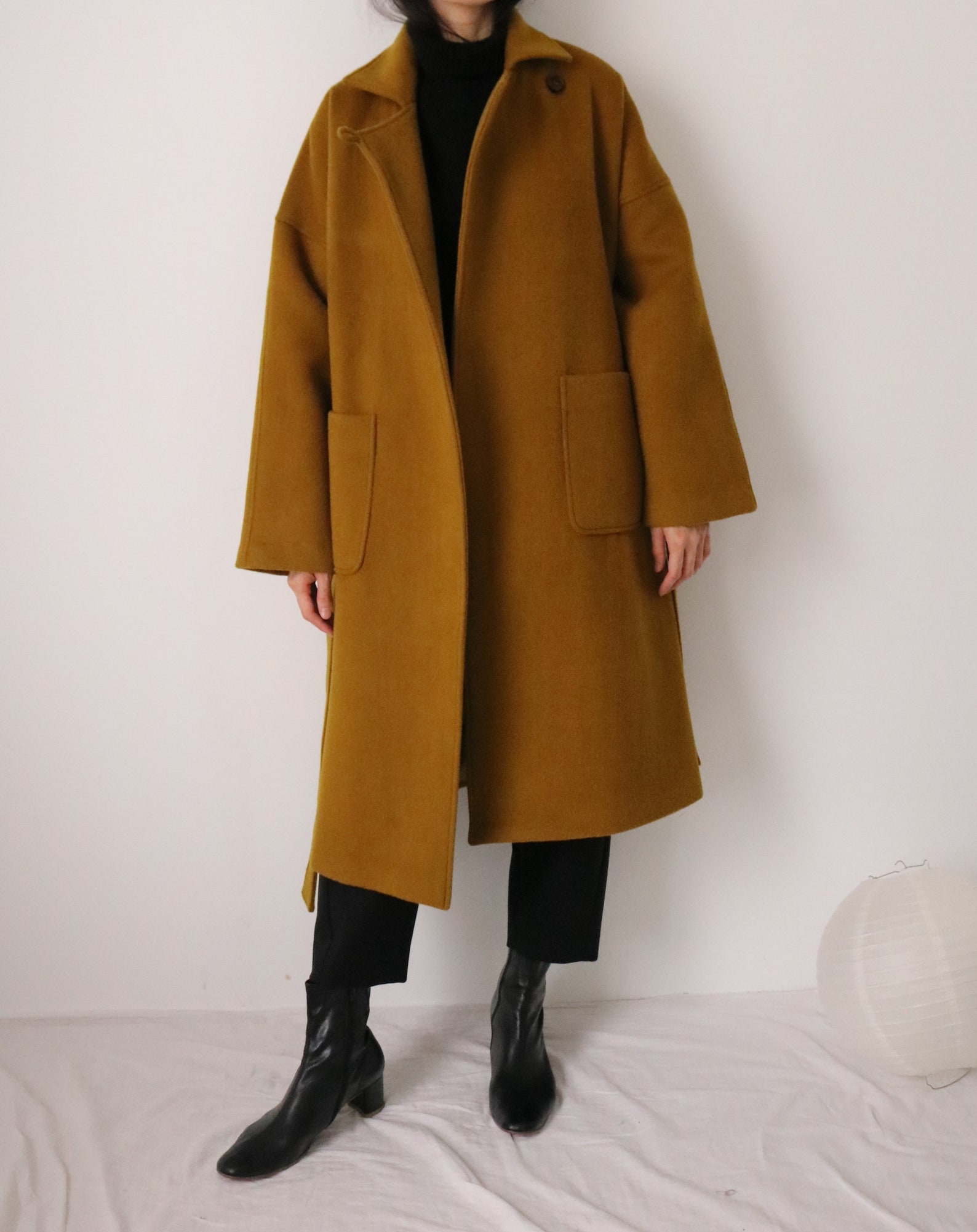 Theory Coat Mustard Green Open Front Wool Cashmere Belted Etsy