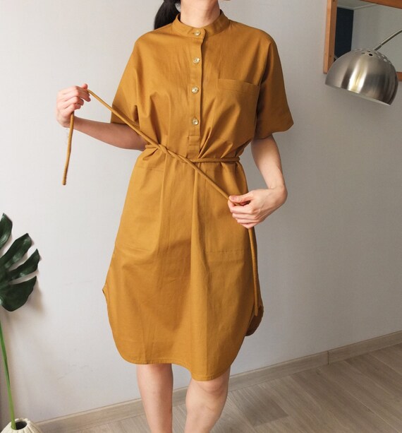 mustard shirt dress with self-tie rope belt | Etsy