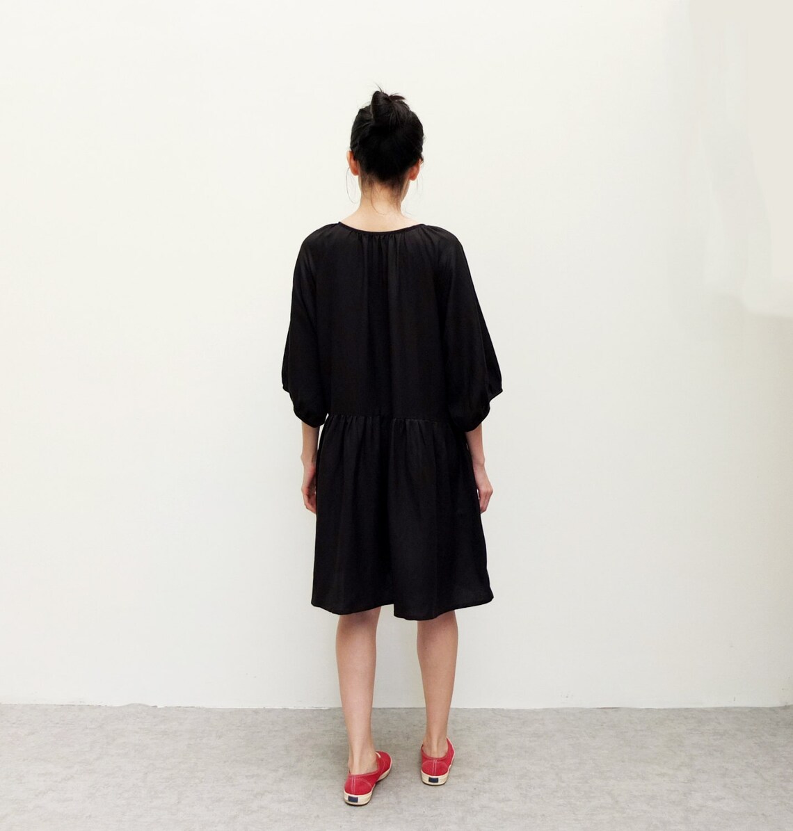 Black Linen Gathered Dropwaist Oversize Dress Etsy