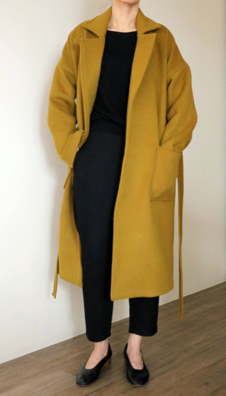 Theory Coat Mustard Green Open Front Wool Cashmere Belted Etsy
