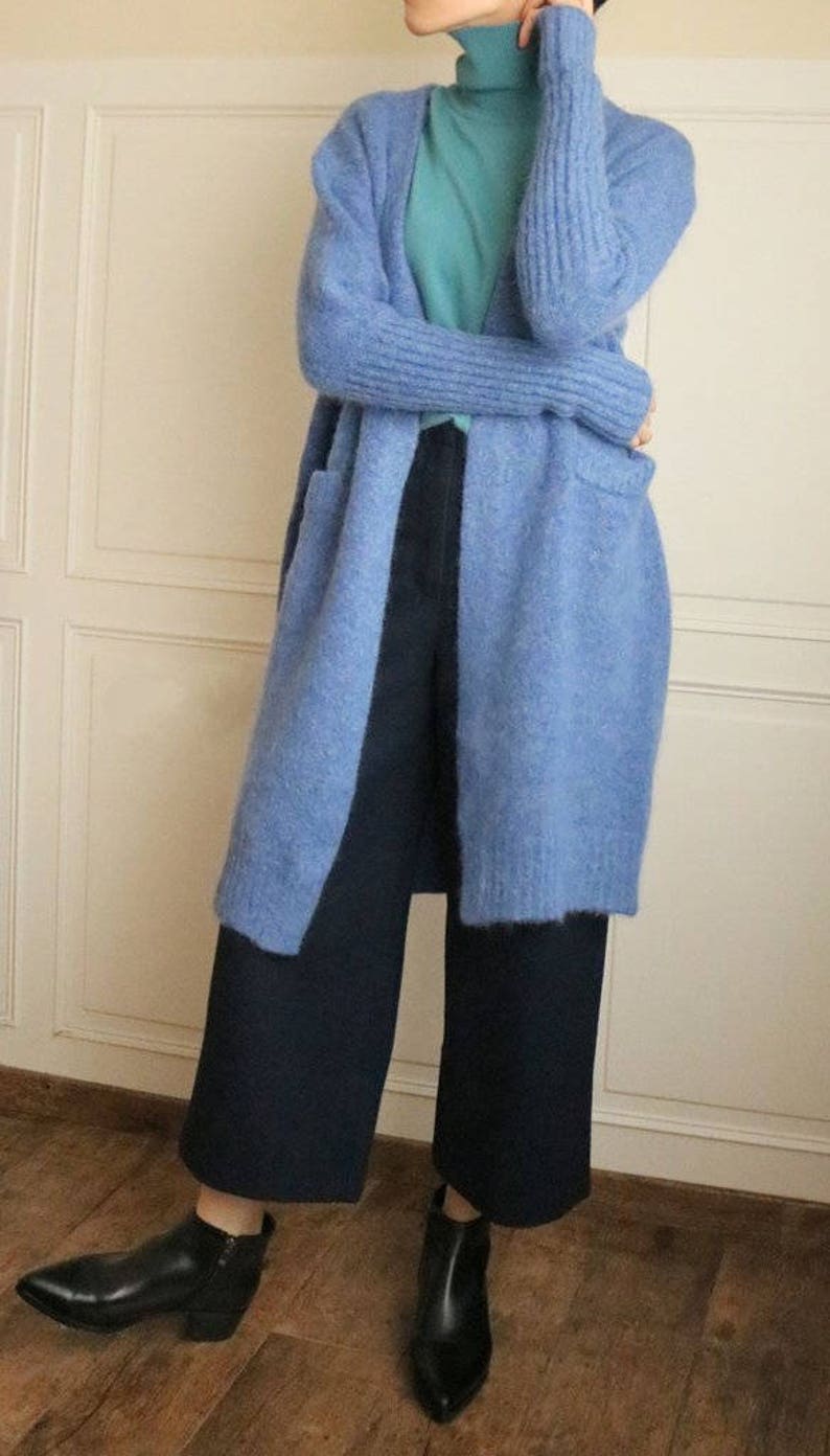 Elena Cardigan steel blue cornflower blue mohair wool open-front cardigan winter