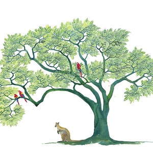 May include: A watercolor painting of a large green tree with two red parrots perched on a branch. A brown kangaroo stands on the ground below the tree.