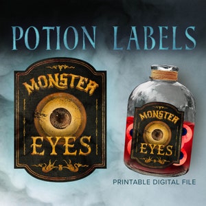 Puede incluir: Etiqueta de poción de Halloween imprimible con un diseño negro y dorado con el texto "Monster Eyes" y un gran gráfico de ojo realista.