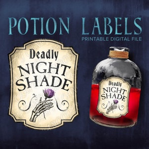 May include: Printable potion label with a vintage design featuring a skeletal hand holding a purple flower and the text "Deadly Nightshade".