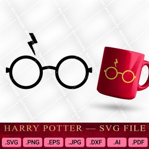 May include: Black and white silhouette of Harry Potter's round glasses with a lightning bolt above them. A red mug with a yellow lightning bolt and glasses design is shown to the right.