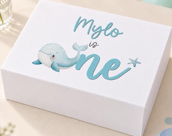 1st Birthday Keepsake Box Boy, Personalised Whale Design Memory Box, First Birthday Gift Under The Sea, White Magnetic Lid, Custom Name