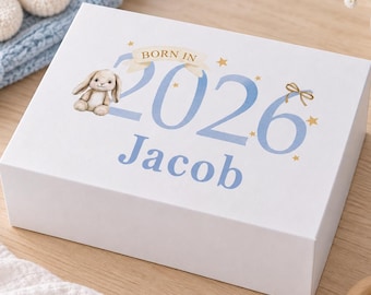 Baby Boy Keepsake Box Personalised, Born in 2026 Memory Box, Blue Bunny New Baby Gift, Magnetic Lid, 2 Sizes