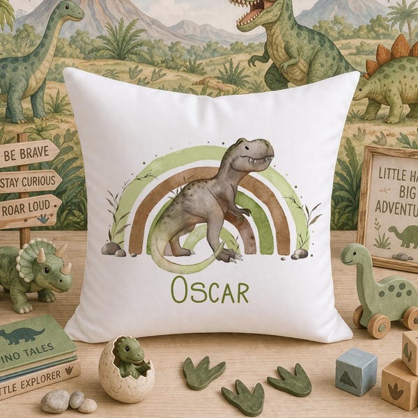 Personalised Dinosaur Rainbow Cushion Custom Name Dino Pillow Kids Bedroom Decor Boys Nursery Gift T Rex Cushion Cover