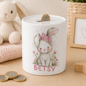Personalised Bunny Money Box – Custom Name Ceramic Piggy Bank, Baby Girl Gift, Nursery Decor, Christening Gift, Kids Savings Bank
