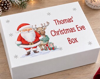 Personalised Christmas Eve Box, Santa & Reindeer Design, Custom Name Keepsake Gift Box, White Magnetic Lid, Kids Christmas Eve Box 2026