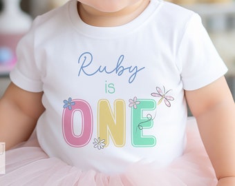 Personalised Girls First Birthday T-shirt, I am One, Sleepsuit, Vest or T-shirt, pastel daisy and dragonfly