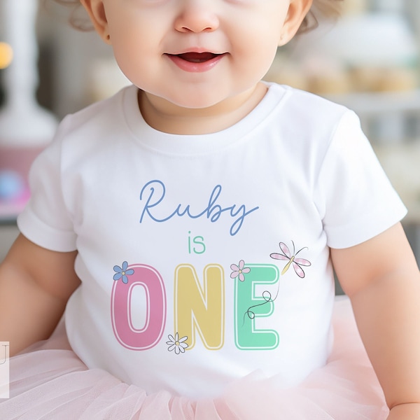 Personalised Girls First Birthday T-shirt, I am One, Sleepsuit, Vest or T-shirt, pastel daisy and dragonfly