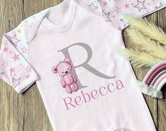 Pink Teddy Bear Initial Personalised Cotton Sleepsuit Baby Grow Romper with Stars