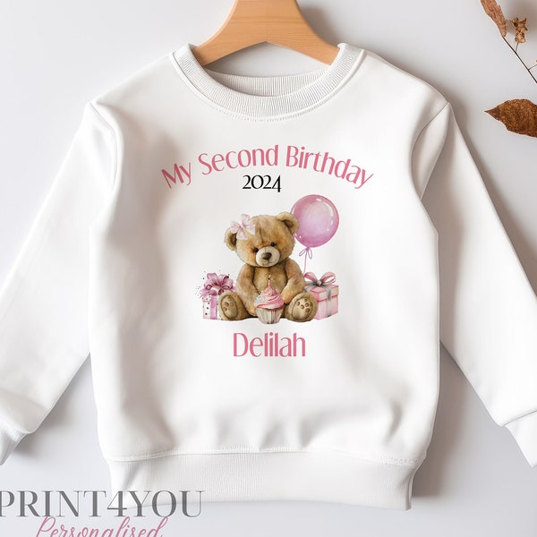 Personalised Second Birthday Jumper, Birthday Sweatshirt for Children, Second 2nd Birthday pink teddy bear