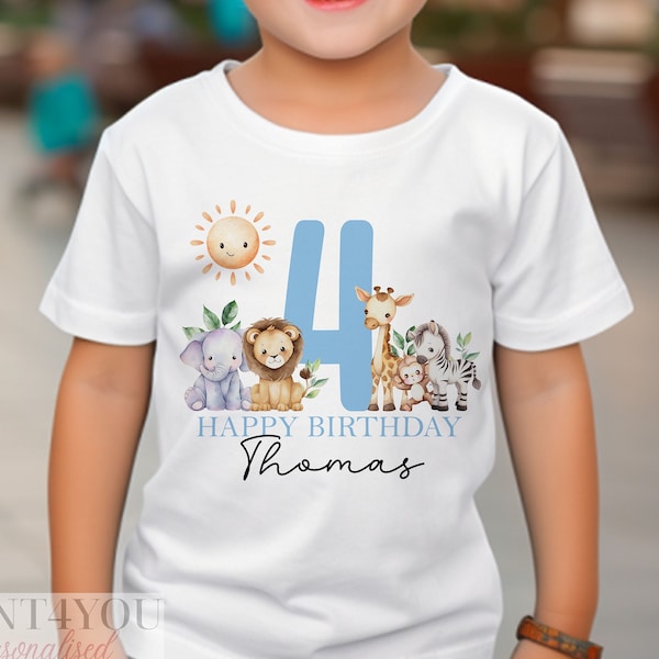 Personalised Jungle Safari Birthday T-Shirt ANY AGE - Cotton White Top, Any Age, Blue Safari Party Top