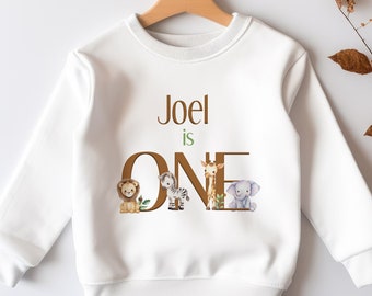 Personalised First Birthday Jumper, Birthday Sweatshirt for Children, I am One, Jungle Safari Jumper