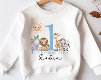 Personalised First Birthday Jumper, Birthday Sweatshirt for Children, I am One, Jungle Safari Jumper, Blue Green or Pink