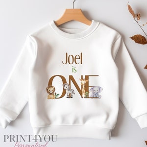 Personalised First Birthday Jumper, Birthday Sweatshirt for Children, I am One, Jungle Safari Jumper