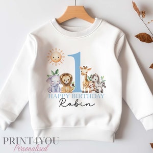 Personalised First Birthday Jumper, Birthday Sweatshirt for Children, I am One, Jungle Safari Jumper, Blue Green or Pink