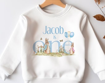 Personalised First Birthday Jumper, Birthday Sweatshirt for Children, I am One, Blue Cumbrian Rabbit Jumper