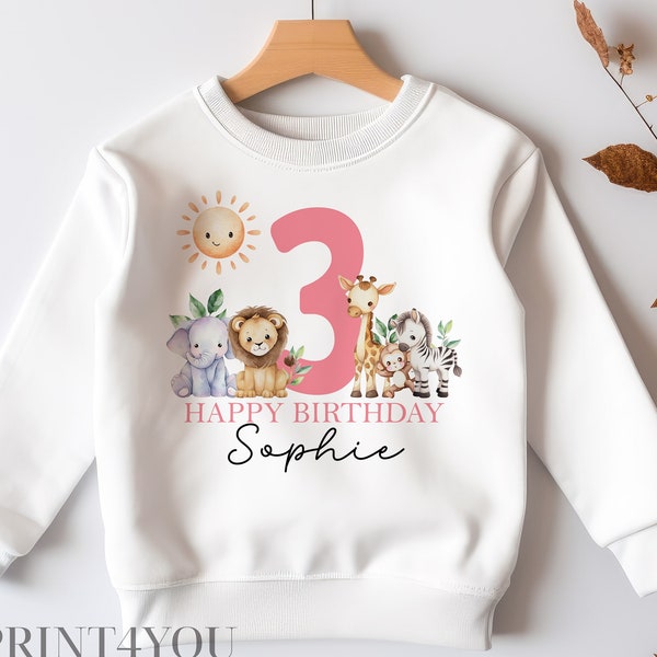 Personalised Third Birthday Jumper, Birthday Sweatshirt for Children, I am three, Jungle Safari Jumper 3 Pink