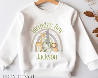 Personalised First Birthday Jumper, Birthday Sweatshirt for Children, I am One, Jungle Safari rainbow Jumper