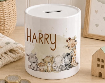 Personalised Safari Animals Custom Money Bank – Boho Jungle Nursery Keepsake