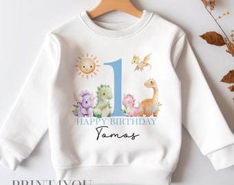 Personalised First Birthday Jumper, Birthday Sweatshirt for Children, I am One, Blue themed Dinosaurs