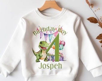 Personalised Birthday Age Sweatshirt Jumper For Children. Any Age, White Cotton Sweatshirt - Boys green Dinosaur Party Number and name