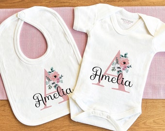 Personalised Baby and Toddler white Body suit, Romper & vest, New Baby Gift Set, Girls soft pink floral initial Letter and name