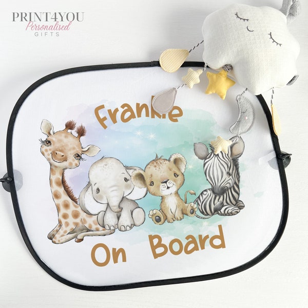 Personalised Children's Car Sun Shade Visor - Safari Jungle Animals , Baby on Board