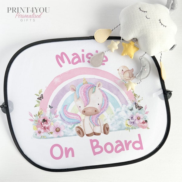 Personalised Children's Car Sun Shade Visor - Unicorn and Rainbow, Baby on Board