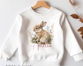 Personalised Sweatshirt Jumper For Children.  White Cotton Sweatshirt - Printed  Bunny Rabbit and Flowers and name