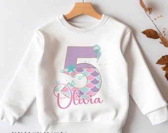 Personalised Birthday Age Sweatshirt Jumper For Children. Any Age, White Cotton Sweatshirt - Mermaid Number and name