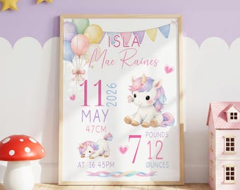 Personalised Unicorn Birth Stats Poster, Baby Girl Nursery Wall Art, Custom New Baby Print, A3 A2 A1 Unframed Decor