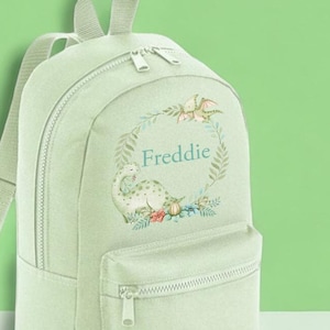Personalised Kids Backpack, School Rucksack, Nursery Bag, Other colours,  Dinosaur Wreath and name