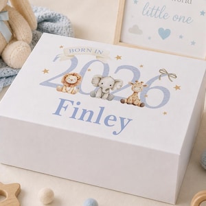 Boîte à fermeture magnétique Animaux Safari Bleus - Finition lisse blanche | Nom personnalisé | Petit Moyen Grand