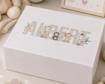 Personalised Animal Letter Keepsake Box, Safari Alphabet Name Design, New Baby Memory Box Gift, White Magnetic Lid, Baby Shower Present