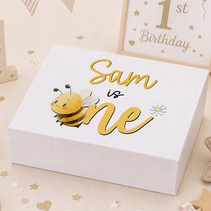 Bumble Bee 1st Birthday Keepsake Box, Personalised Daisy Bunting Memory Box, Honey Gold Script Name, Custom Magnetic Closure Card Box
