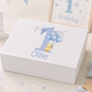 First Birthday, Personalised White Magnetic Keepsake Box | Animal Theme | Medium-Large Name Print